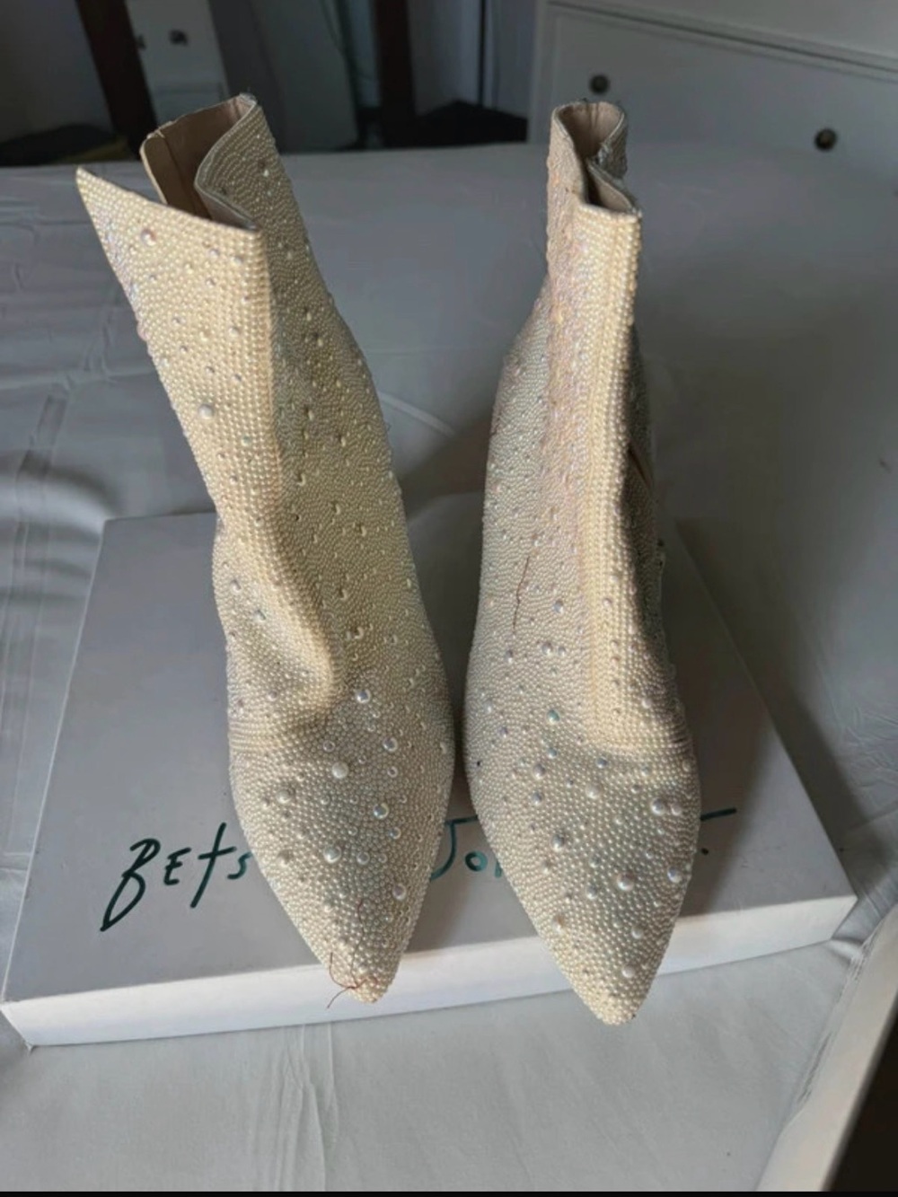 Betsey Johnson Ivory Crystal-Embellished Pointed Sock Booties